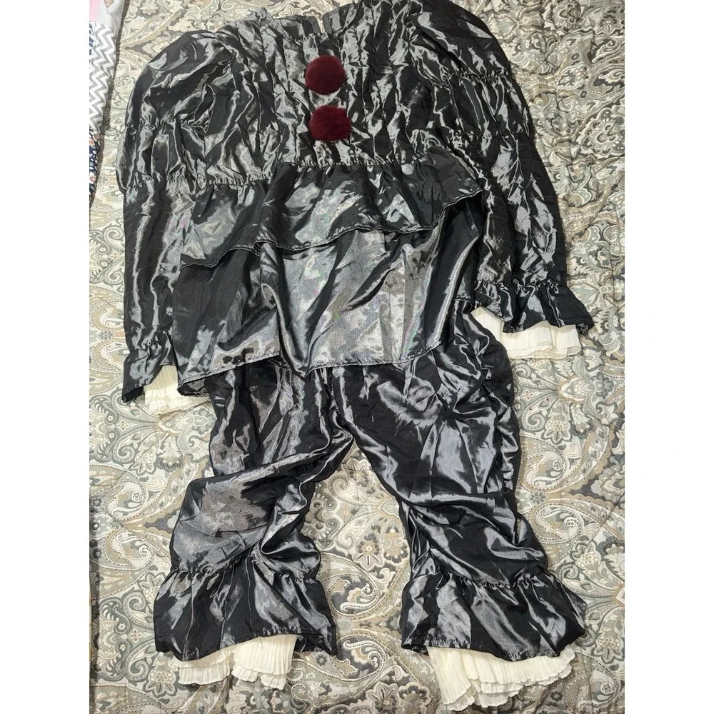 vintage avant garde Gray Satin Lounge Set Pierrot Clown Red Pom Pom